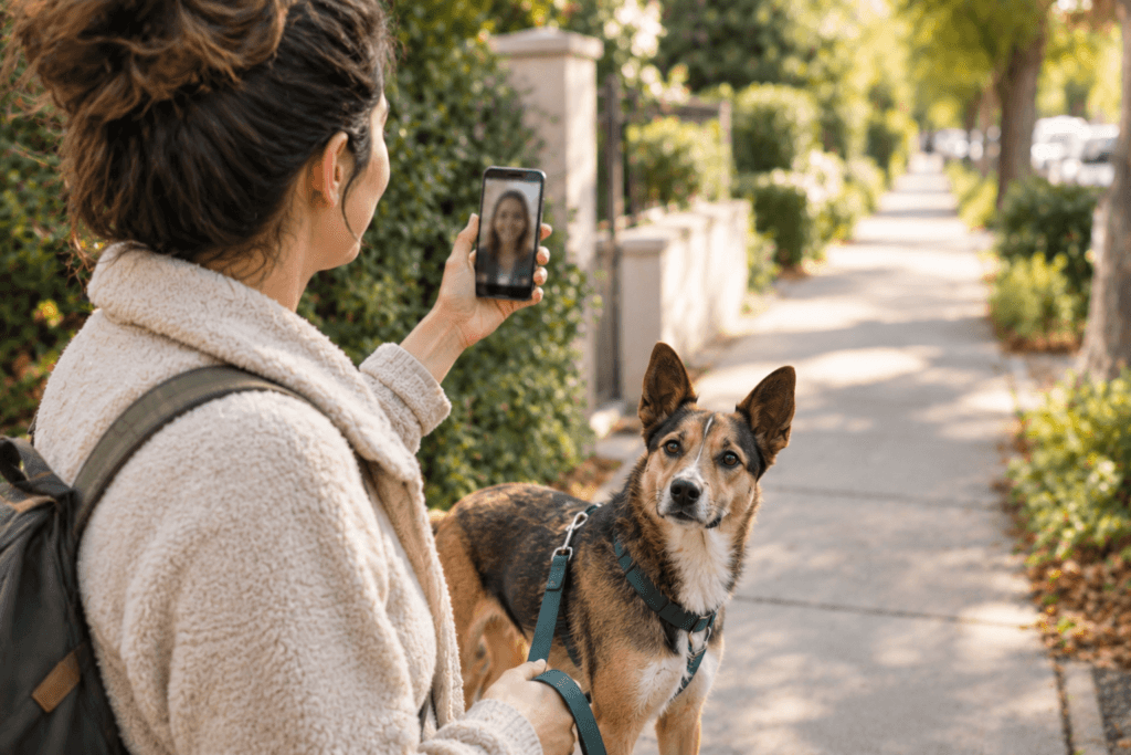 dog owner video calling trainer during walk live coaching