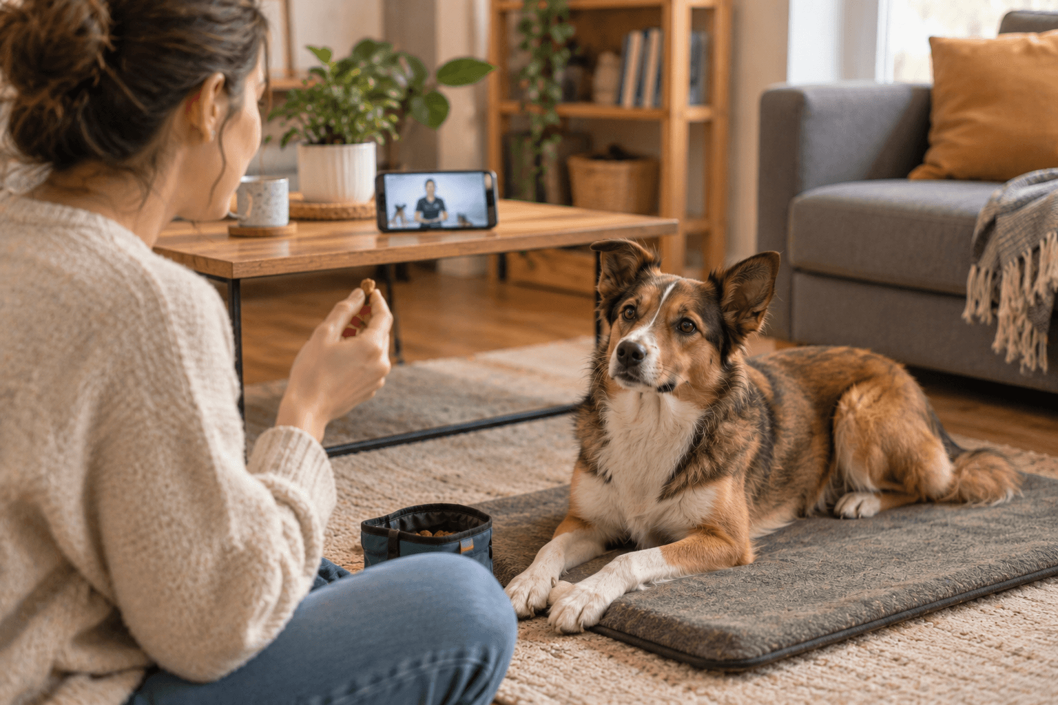 dog practicing settle cue at home video training app