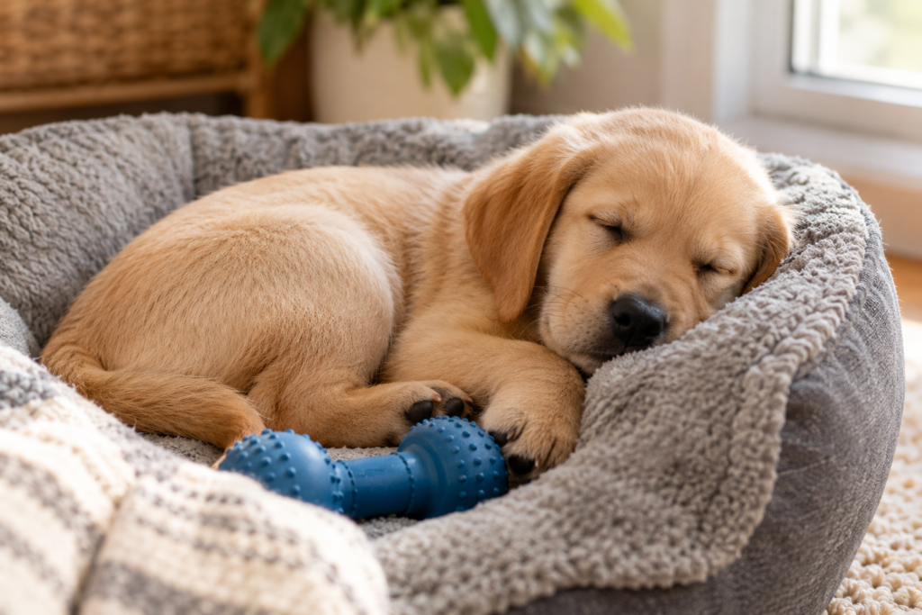 Tired puppy sleeping in a dog bed, a common reason puppies ignore training lessons