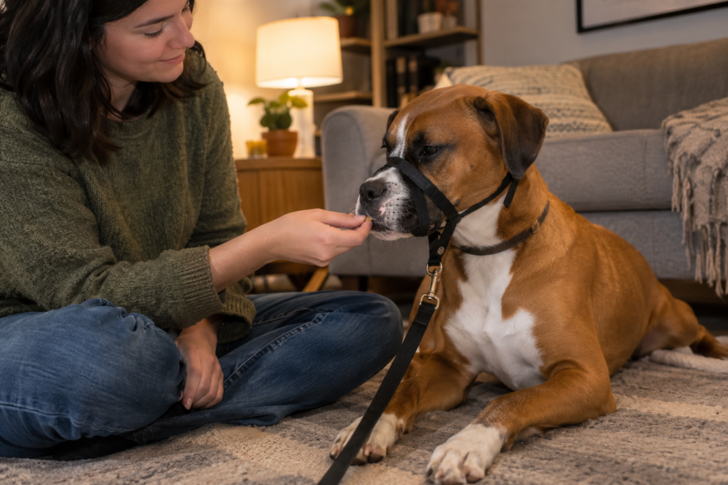 Dog calmly getting used to a head halter at home with treats