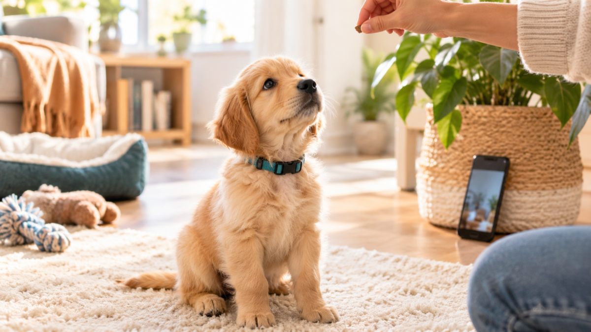 Eight-week-old puppy sitting and looking up at a treat during a first training session