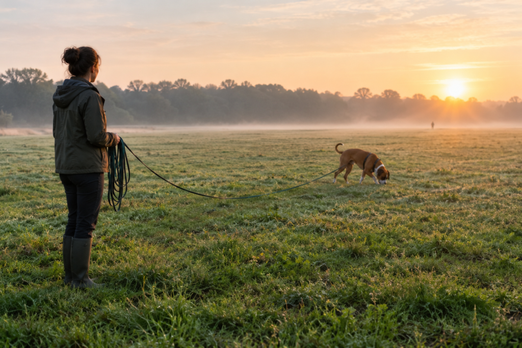 Owner holding a long line while her dog explores an open field at a safe distance