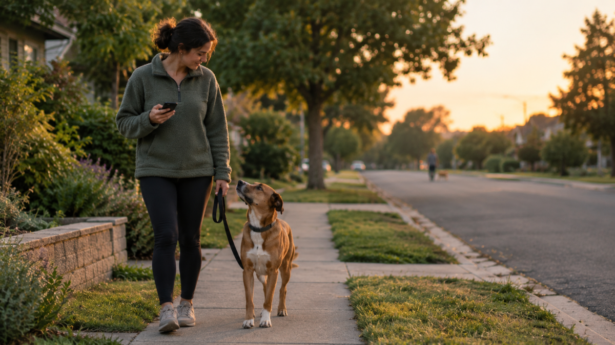Owner with phone and a calm reactive dog on a quiet street, another dog far in the distance