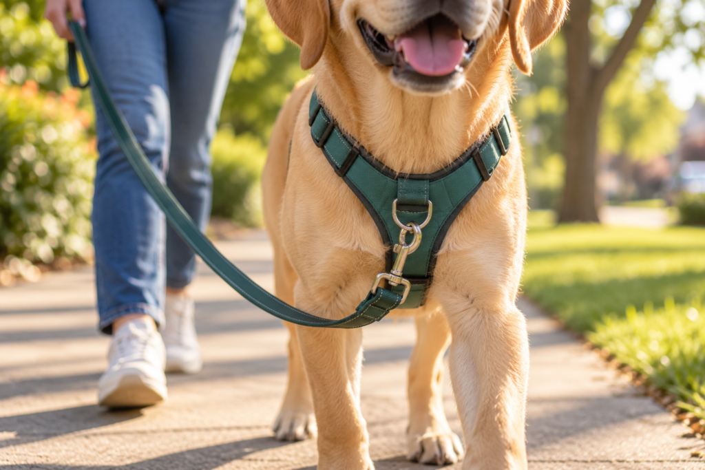 Close-up of a front-clip harness with the leash attached at the dog's chest