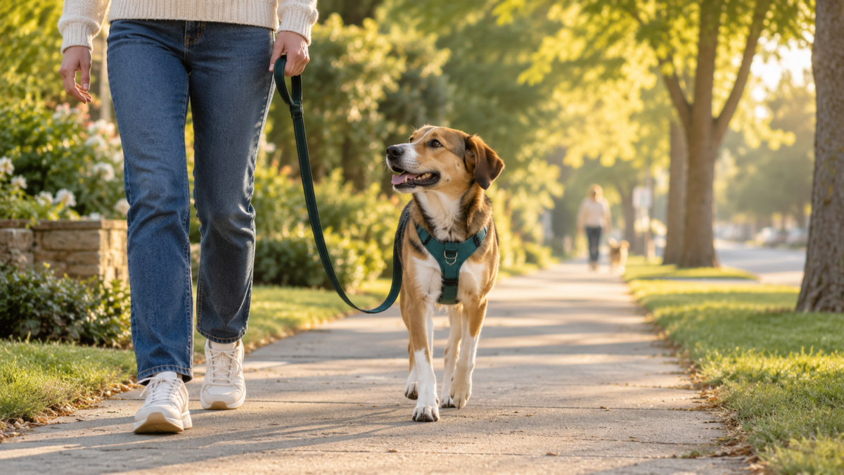Reactive dog in a front-clip harness walking calmly on a loose leash