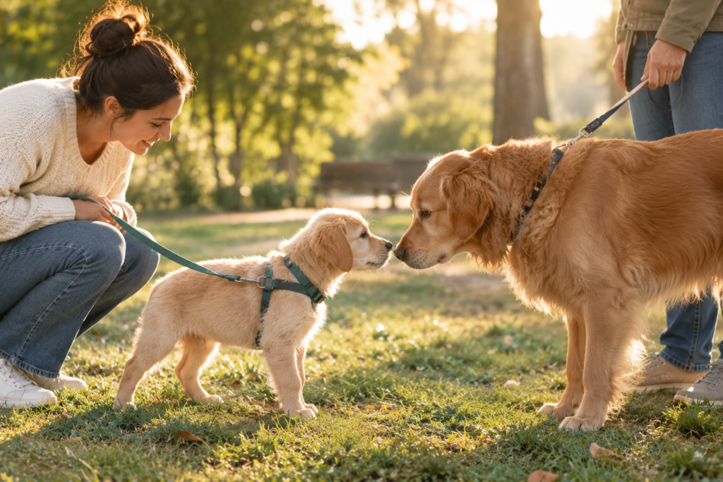 Owner supervising a puppy's first introduction to a calm adult dog in a park