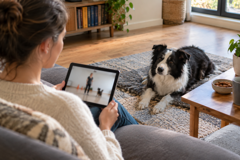 Dog practicing a settle cue on a mat at home with a training app