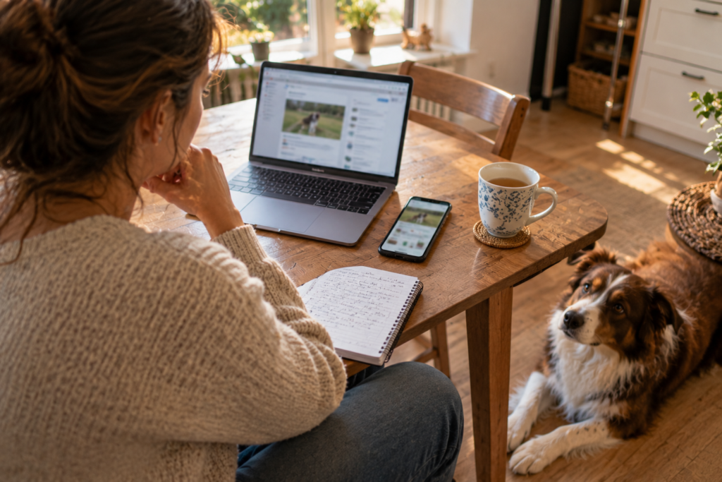 Owner weighing training app options for a reactive dog at the kitchen table