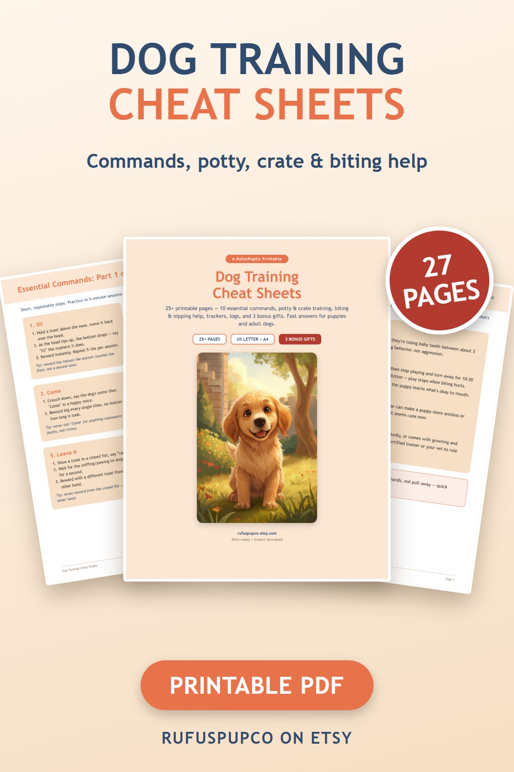 Dog Training Cheat Sheets printable PDF cover shown with a commands page and a biting and nipping help page, badge saying 27 pages