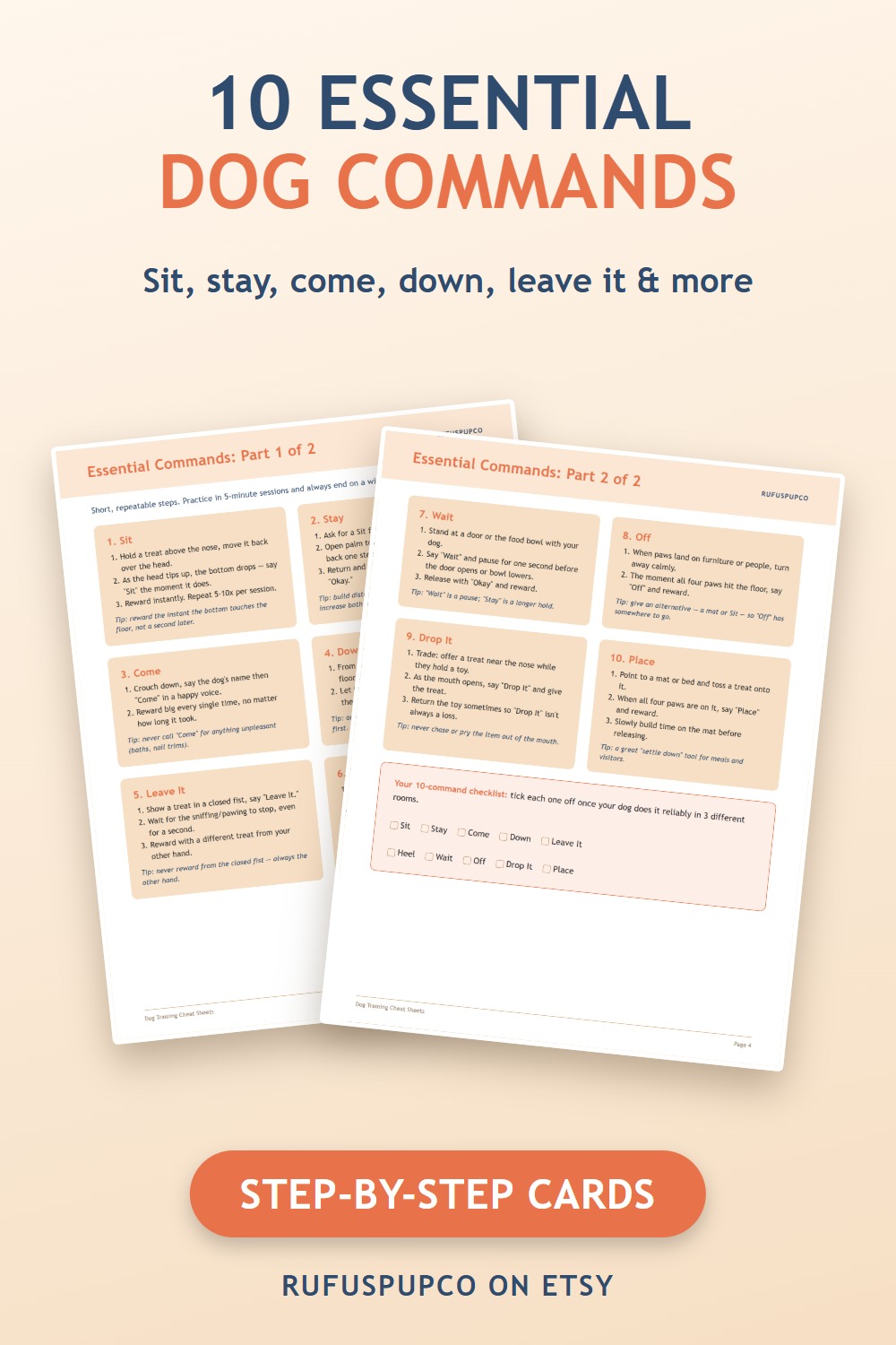 Two printable dog training pages listing 10 essential commands such as sit, stay, come, down and leave it