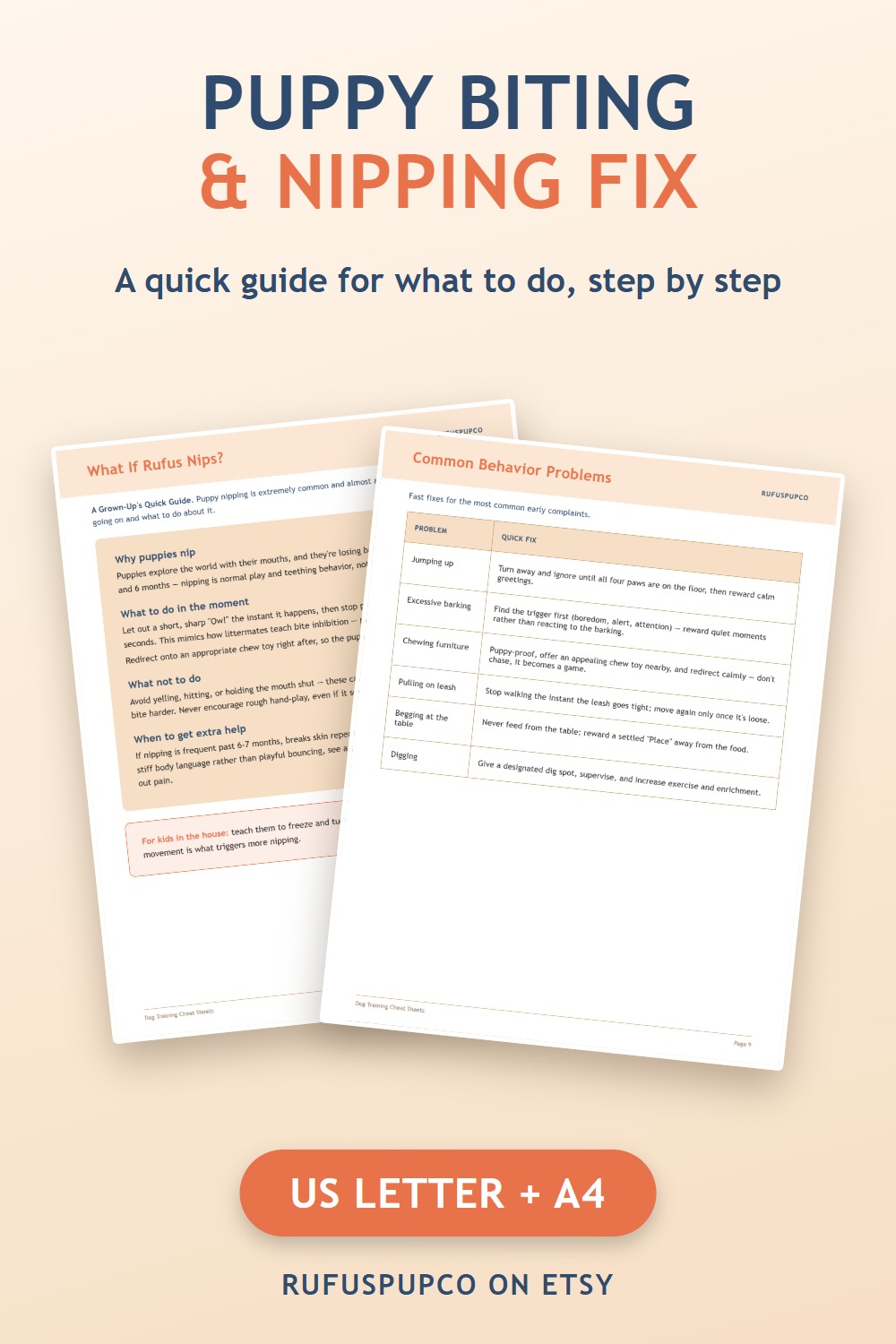 Printable puppy biting and nipping guide page next to a common behavior problems quick-fix table