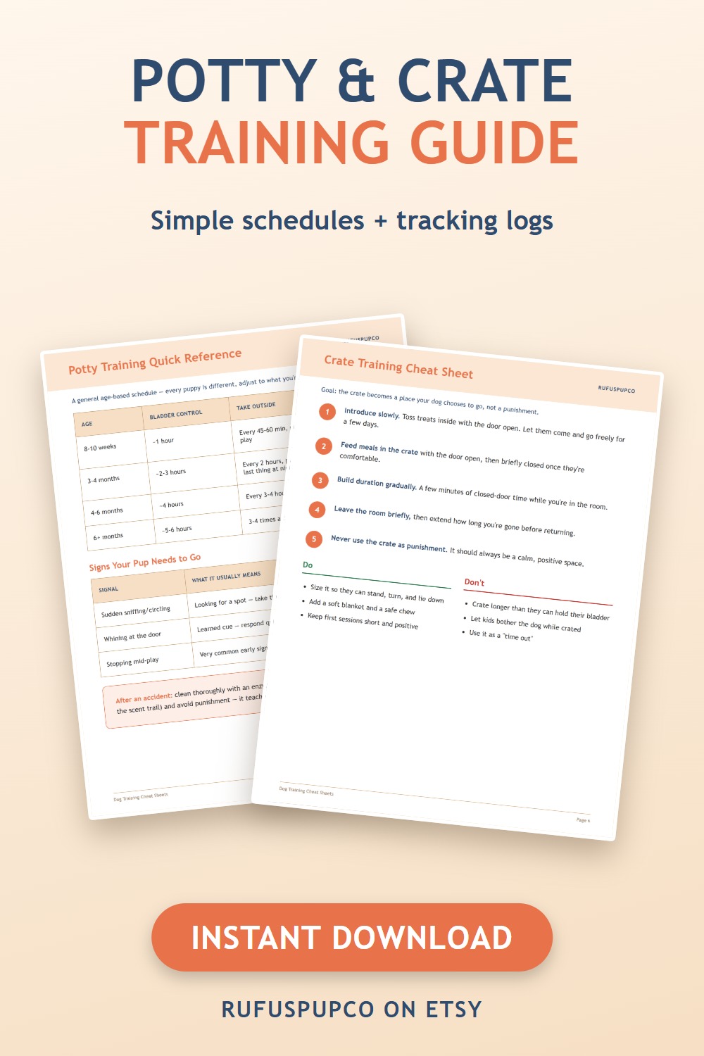 Printable potty training guide page and crate training sheet for puppies on a cream background