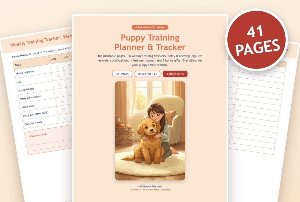 Puppy Training Planner and Tracker printable PDF cover with a girl hugging a golden retriever puppy, shown with weekly training tracker pages and a badge saying 41 pages