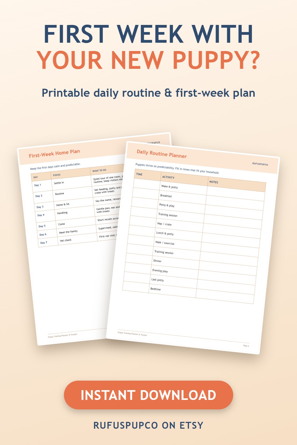 Printable first-week plan and daily routine pages from a puppy training planner on a cream background