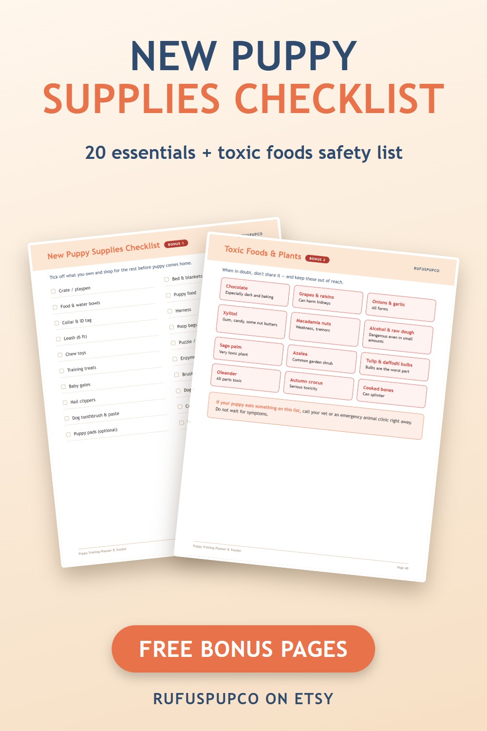 Printable new puppy supplies checklist page next to a toxic foods and plants safety list page